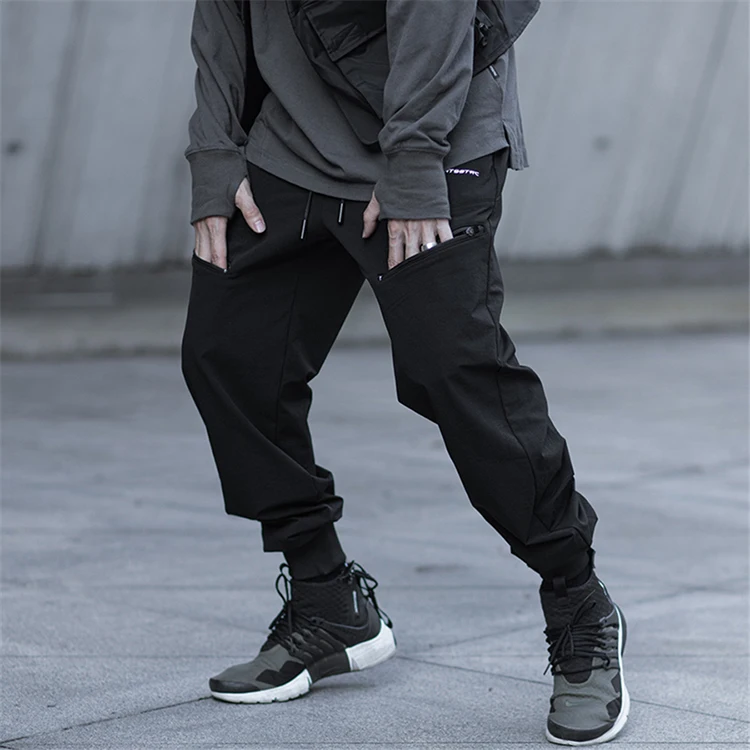 CTTC new arrival double pockets plain street joggers brand logo printed black techwear unisex casual cargo pants