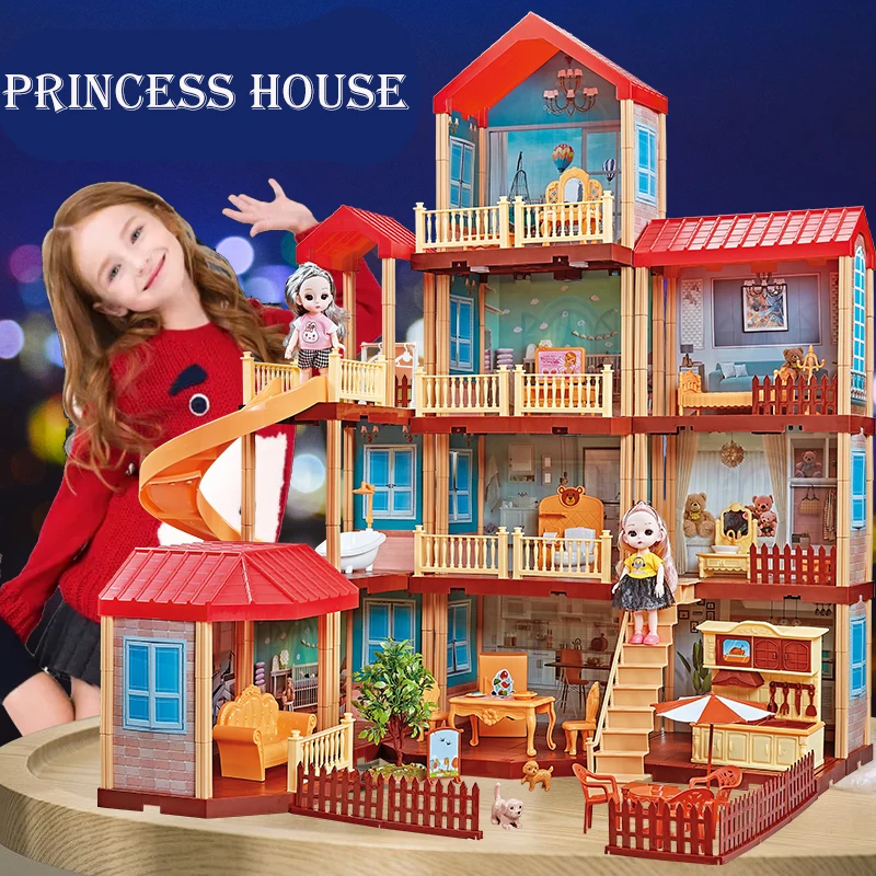 Princess DIY Big Villa Doll House Plastic Play Castle Doll houses Furniture Kit With Figures Assembled Toys for Girls Children