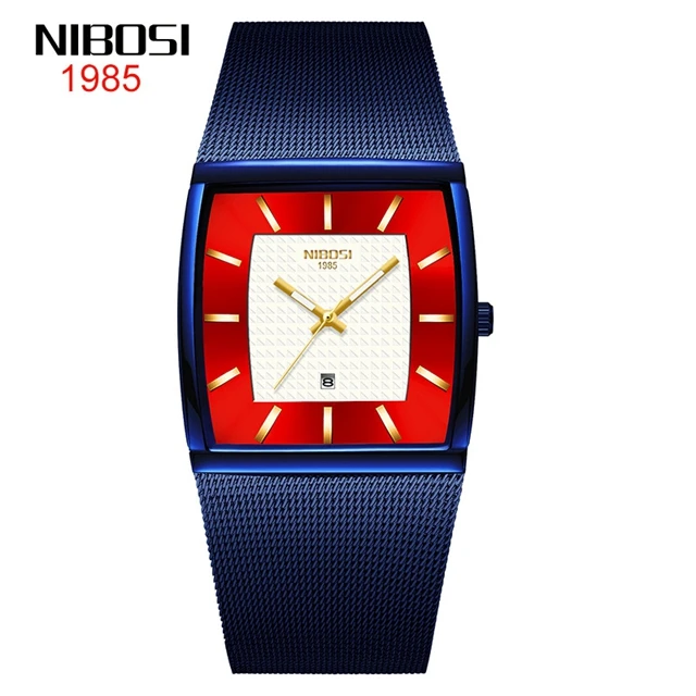 NIBOSI 2376 Square Luxury Mens Stainless Steel Date Clock Ultra Thin Quartz Watch