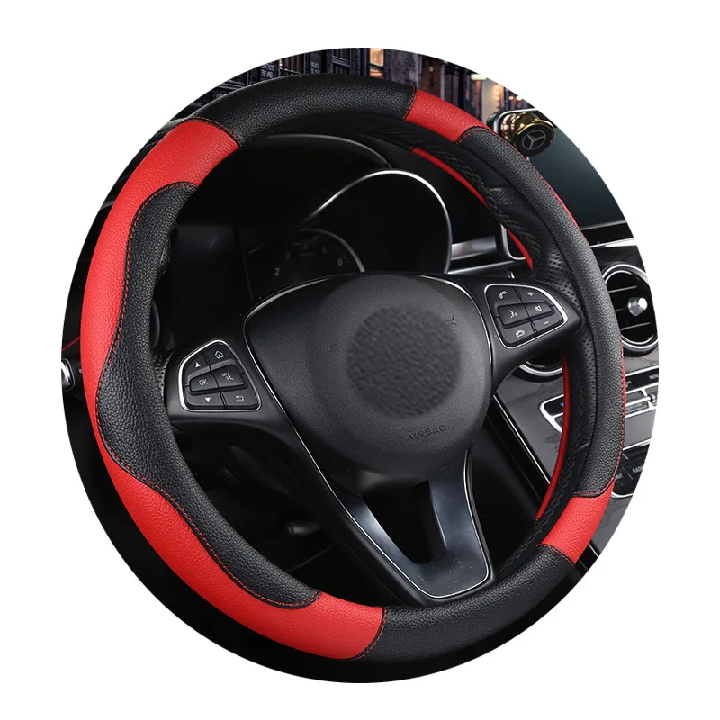 New 38cm Round And D Shape Leather With Carbon Fiber Steering Wheel Cover With Rubber Ring For Universal Car