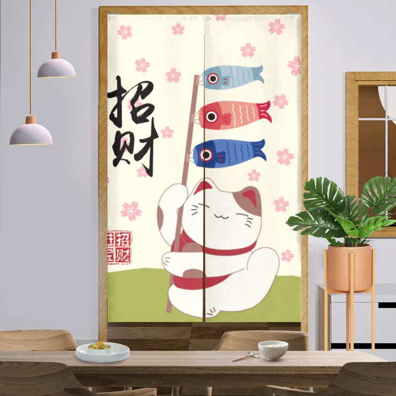 Lucky Cat Noren Japanese Curtain Entrance Feng Shui Door Curtain Kitchen Animal Family Printed Knitted Spring Cotton Linen 50pcs