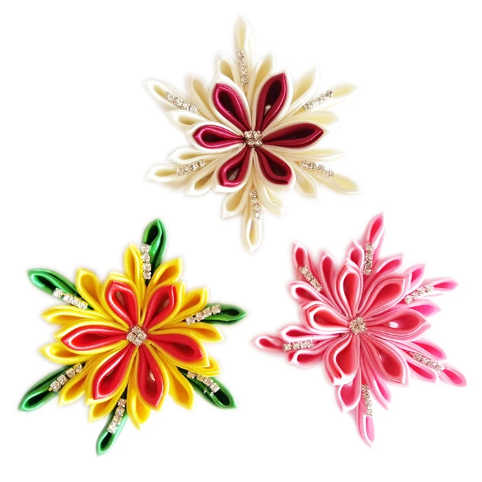 Red White Satin Flower with Rhinestone Pearl Barrettes Alligator Hair Bow Clips Pins Wholesale Hair Accessories for Baby Girls