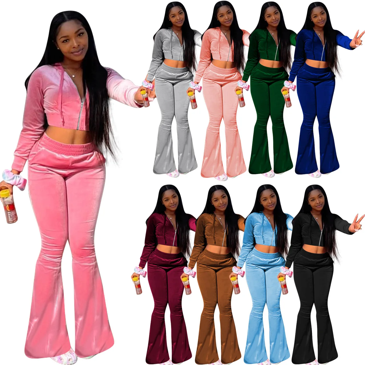 2021 Fall Women Clothing Chic Velvet Tracksuit Hooded Crop Top Set Wide Leg Pants Womens Clothing Two Piece Pants Set Women