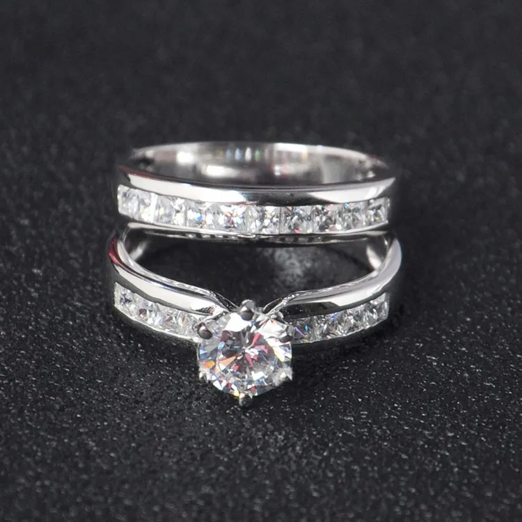Classic 925 Sterling Silver  Wedding ring sets with AAA Clear Zircon and rhodium plated fine silver Jewelry For Women