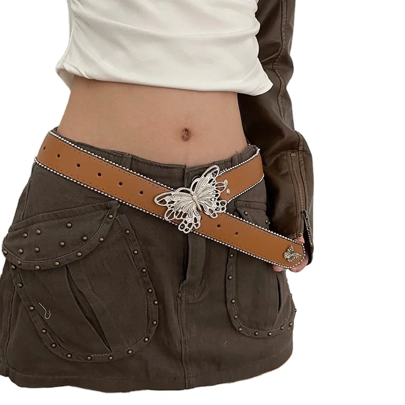 2024 Pink Powder Millennium Spice Girl Style Y2K American Belt New 100% PU Butterfly Belt with Jeans for Ladies