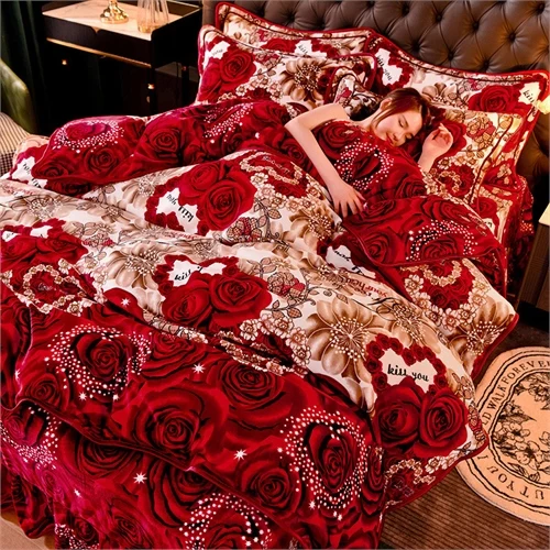 Thickened 4-piece Duvet Cover Set Milk Fleece Bed Skirt Golden Winter Bedsheets Mink Fleece Bedding Set
