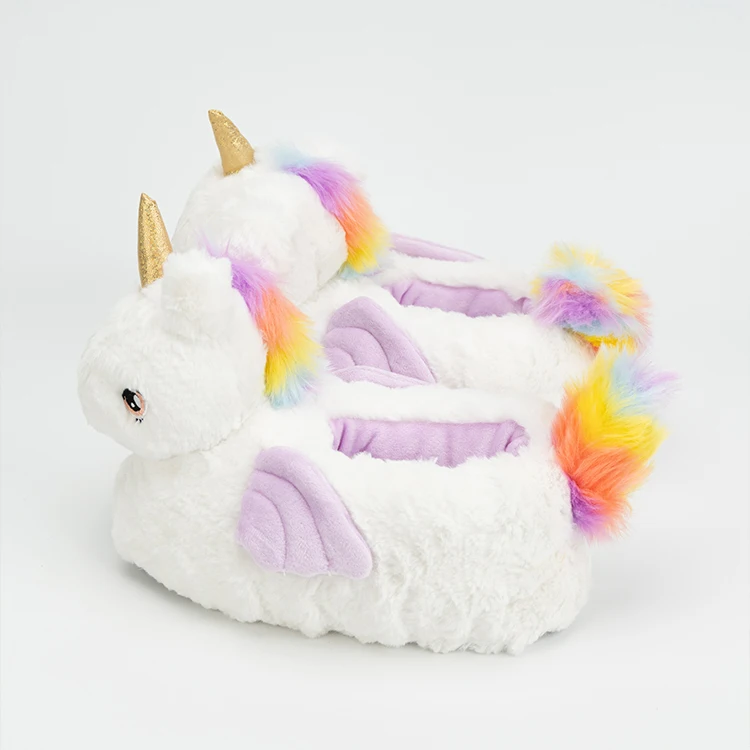 Bulk custom colors fuzzy fur winter warm cartoon kids fluffy animal cute cotton indoor home plush unicorn slippers for adults