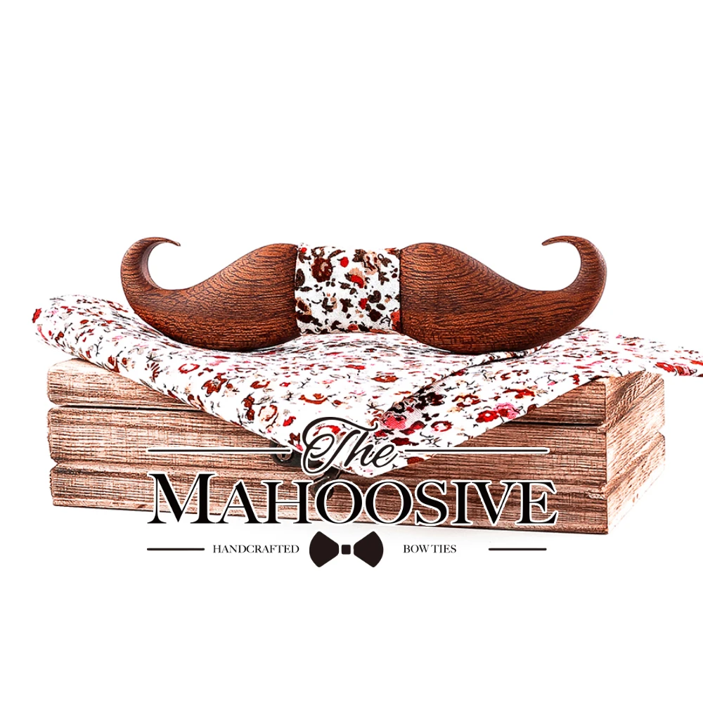 Mahoosive 3D mustache Sapele Wooden bow tie for men gift Foral flower pattern pocket square bow tie set