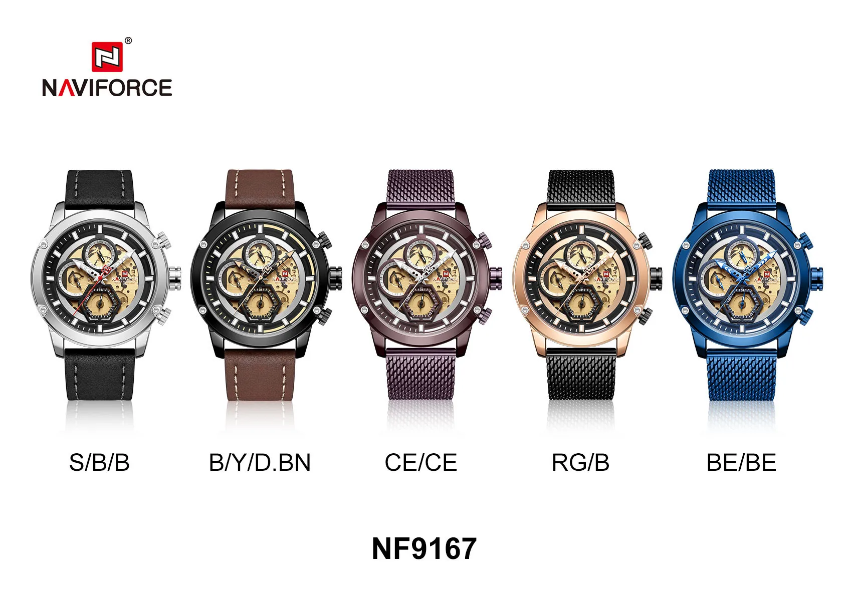 Naviforce watches 9167 Leather relojes Stainless Steel Mens wrist watch Luxury Quartz Sport Watch for men