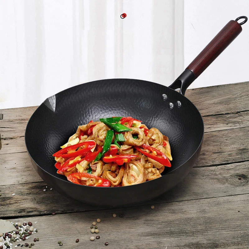 Carbon Steel Wok Pan No Chemical Coated Flat Bottom Chinese Woks Pan for Induction, Electric, Gas, Halogen All Stoves - 12.6'