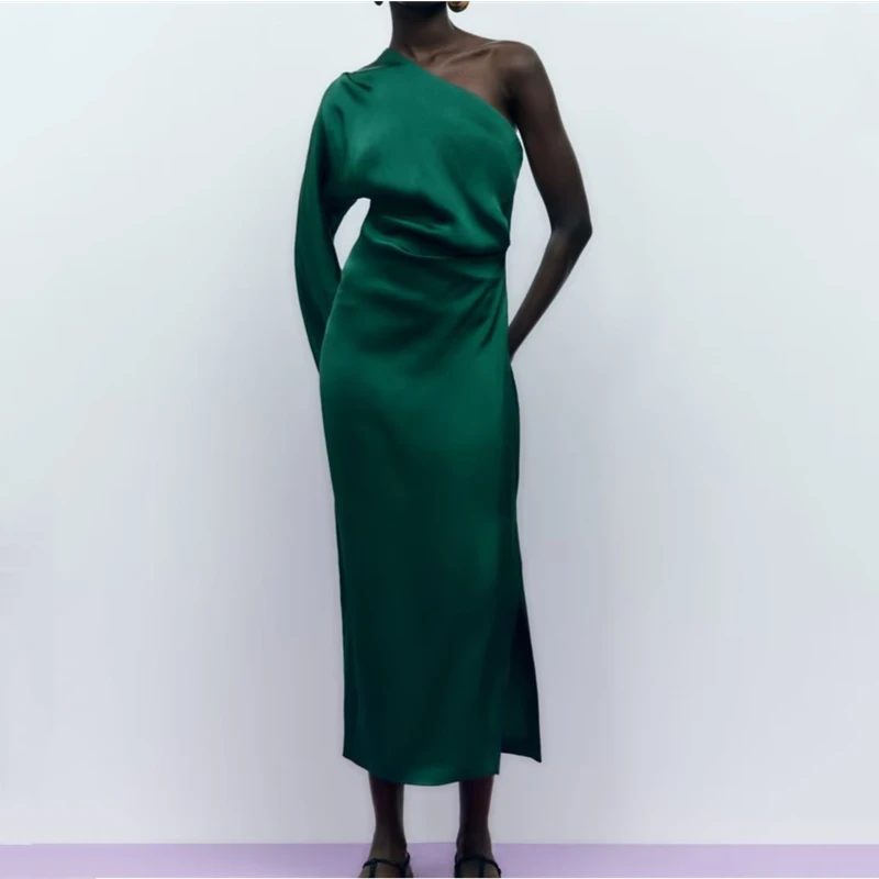 2022 summer new European and American style fashion solid color asymmetric silk satin texture PB&ZA dress
