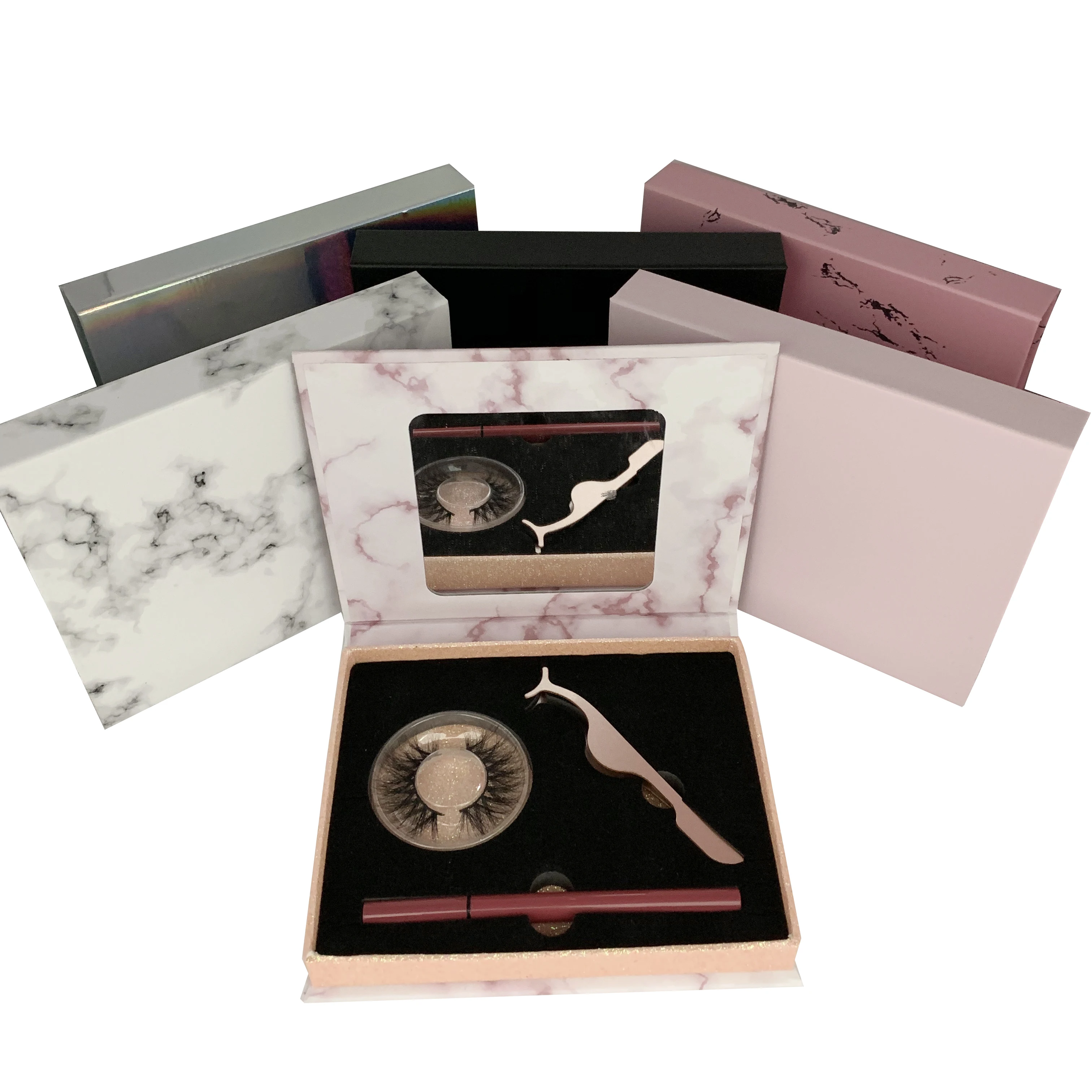 Custom Mirror False Eyelash Packaging Box Magnetic 3 Pairs Real Mink Eye Lash Extension Kit With Lashes Applicator and Glue