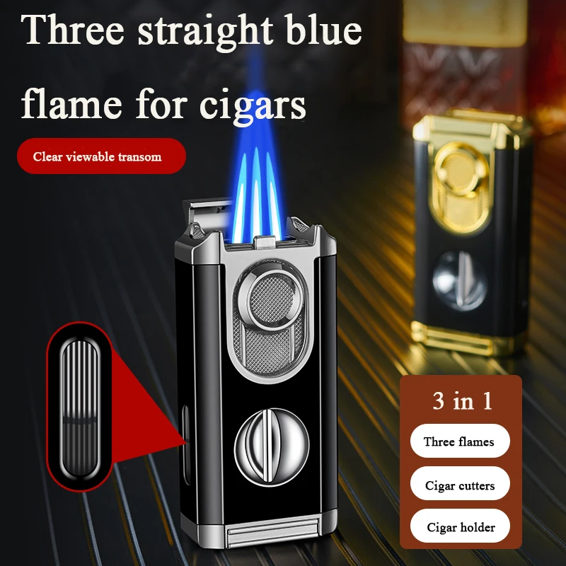 DEBANG cigar lighter triple torch flame windproof new design metal refillable torch lighter with cutter and pretty gift box