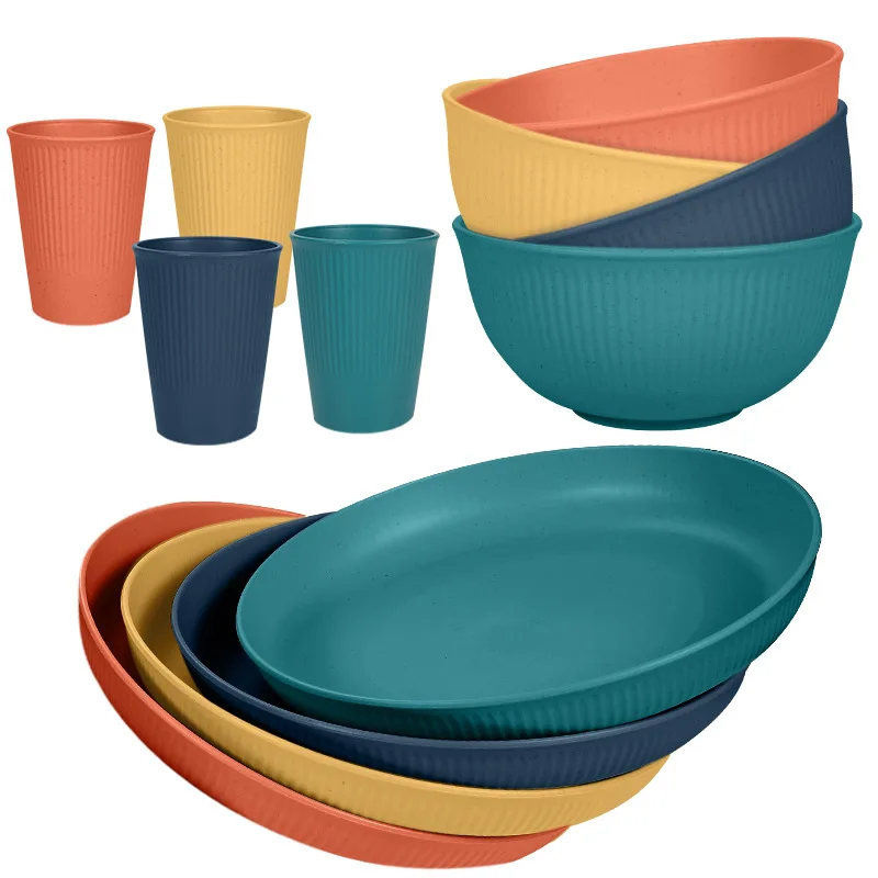 Wheat Straw Dinnerware Sets Unbreakable Reusable Set Kitchen Cups Plates and Bowls Sets Dishwasher Microwave Safe Plates