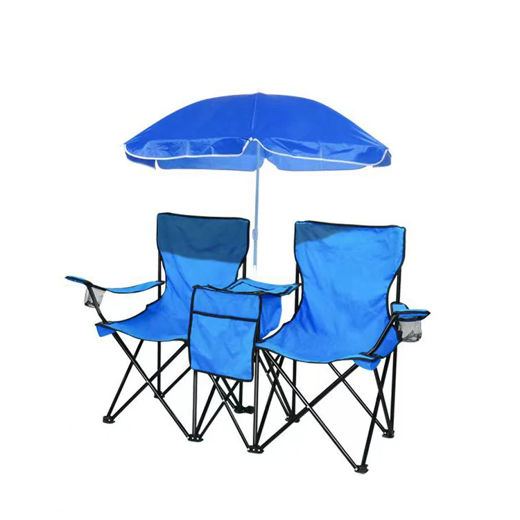 Factory Custom Wholesale Portable double outdoor folding large beach chair with umbrella and cooler bag for camping