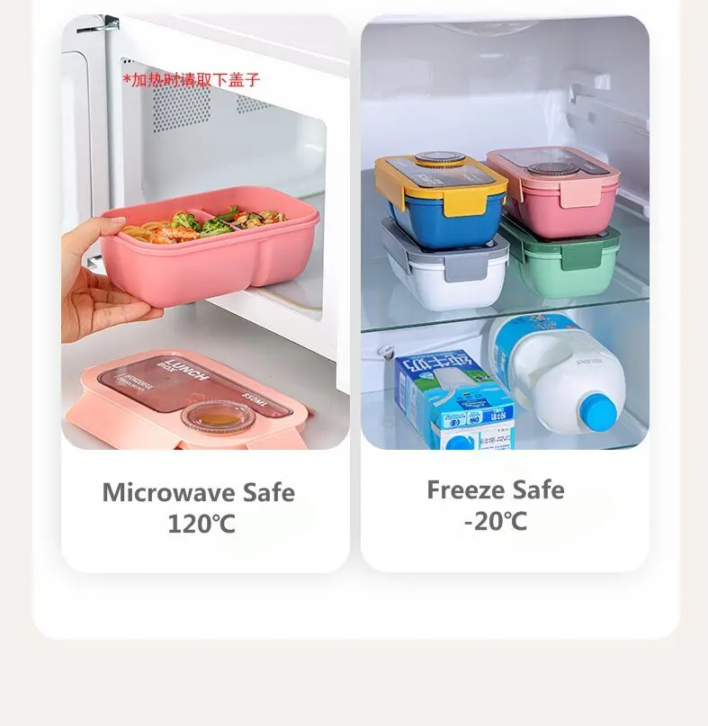 2024 New 2 Compartment Divided Portable School Office Plastic pp Bento Lunch Box for Children.with Lids for Sauce