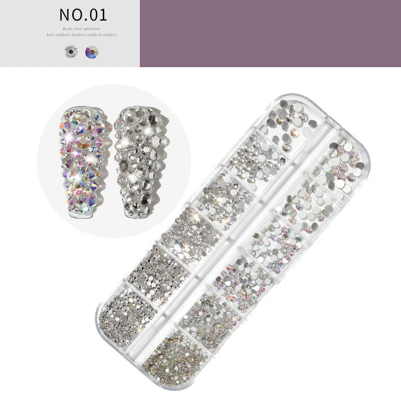 Nail Art 12 Grid Round Nail Art AB Flat Back Rhinestone Mix Size Color 3D Diamond Accessory