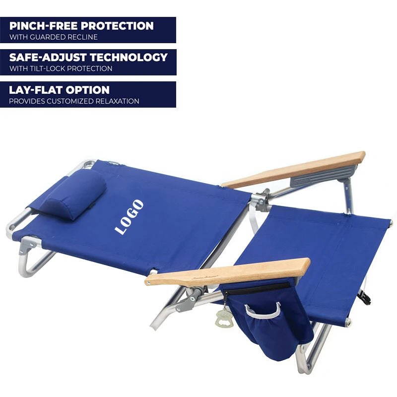 Portable Foldable Tommy Bahama 5-Position Classic Lay Flat Folding Backpack Straps Aluminum Low Beach Chair With Wooden Armrests