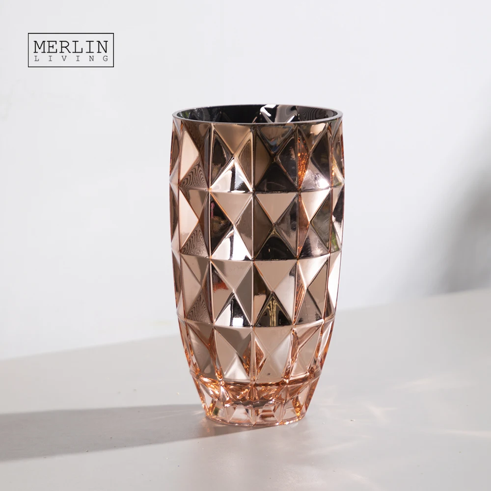 Зеркальная ваза из розового золота Merlin, роскошная стеклянная ваза с ромбовидным узором для цветов, ваза для домашнего декора