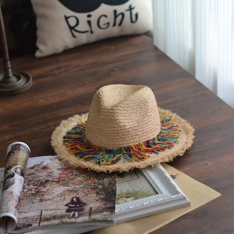 
2021 Sweet Color tassel decoration Raffia Straw Hat INS hand-woven straw hat fashion sun visor 
