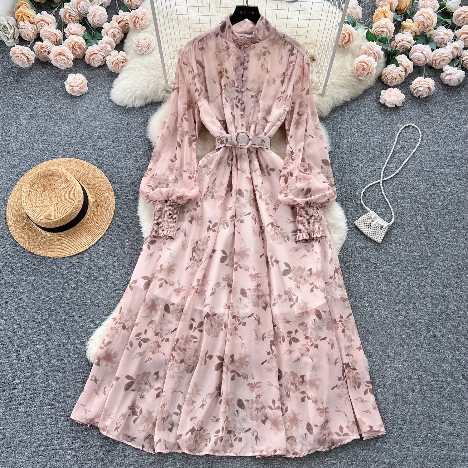 Wholesale new fashion french style maxi bubble long sleeve print ladies shirt floral fall casual chiffon dresses women