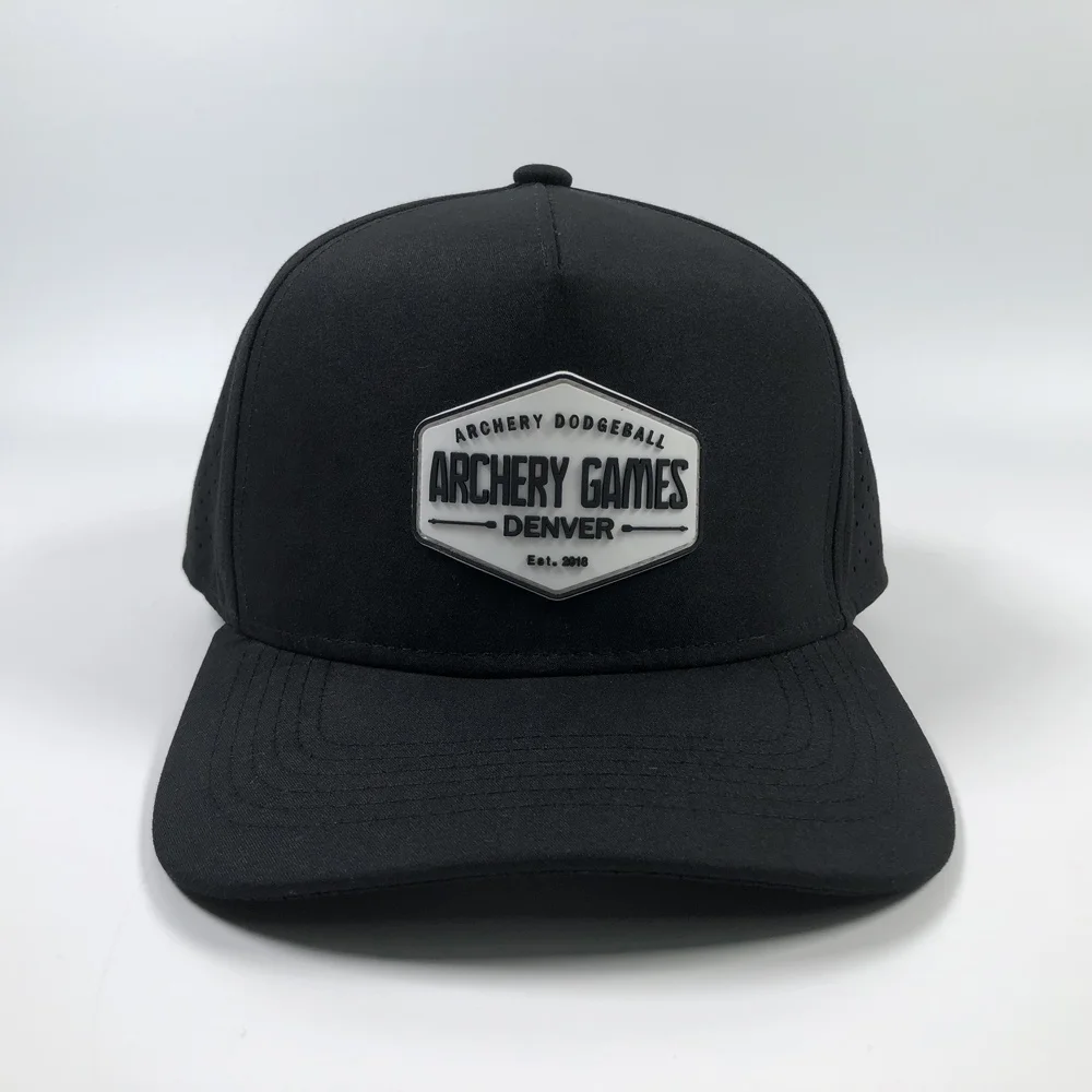 OEM popular polyester A frame laser cutting breathable golf snapback hat with rope custom 5 panel rubber pvc logo baseball cap