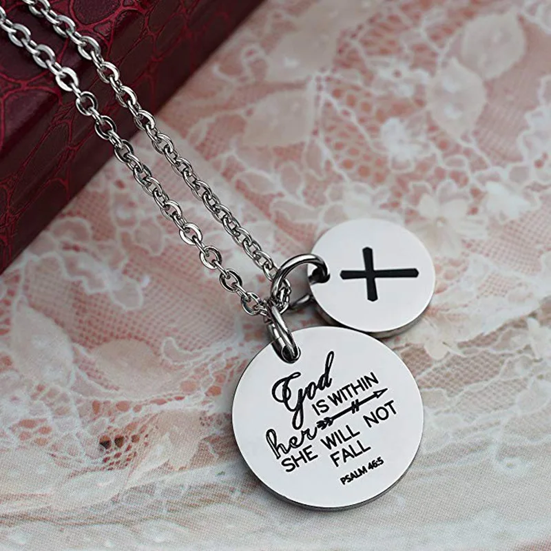 Bible Verse GOD IS WITHIN HER Titanium Steel Cross Pendant Necklace Prayer Stainless Steel Religious Necklace