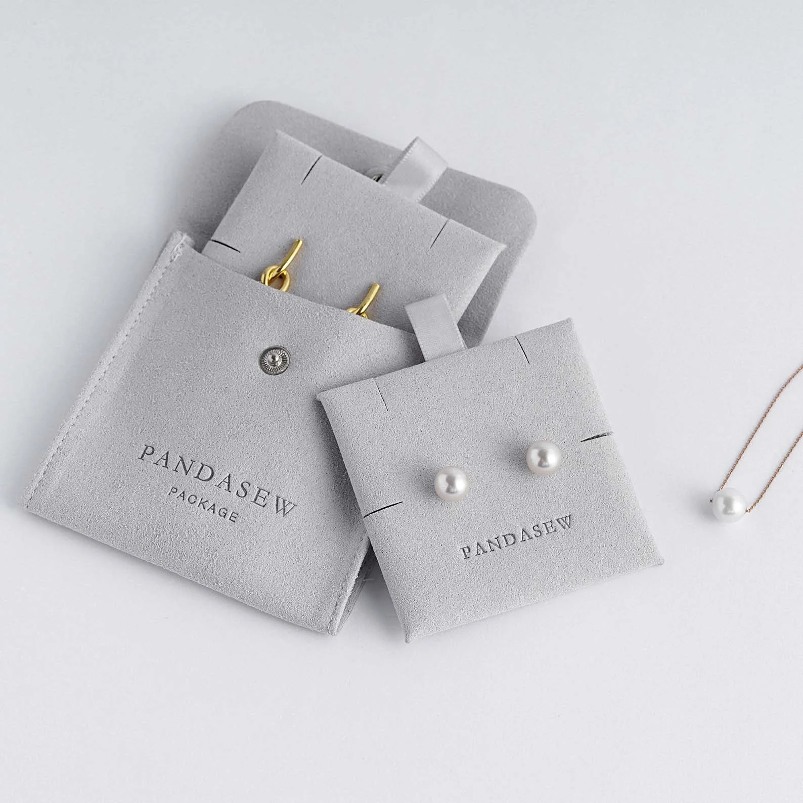 PandaSew Custom Logo Gray Microfiber Snap Button Jewelry Packaging Gift Bag with Insert Pad Jewelry Pouch