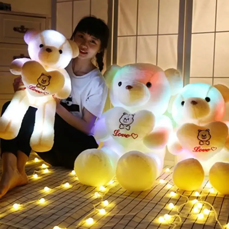 2018 Hot Customized Lovely Colorful Stuffed Teddy Bear Doll Led Light Up Bear Plush Toy With Love Heart Kids Gift