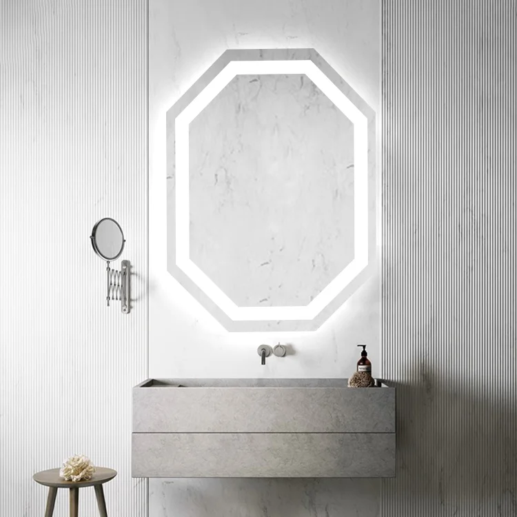 Hair Salon Irregular Glass Wall Mounted Defogger Silver French Luxury LED Bathroom Mirror