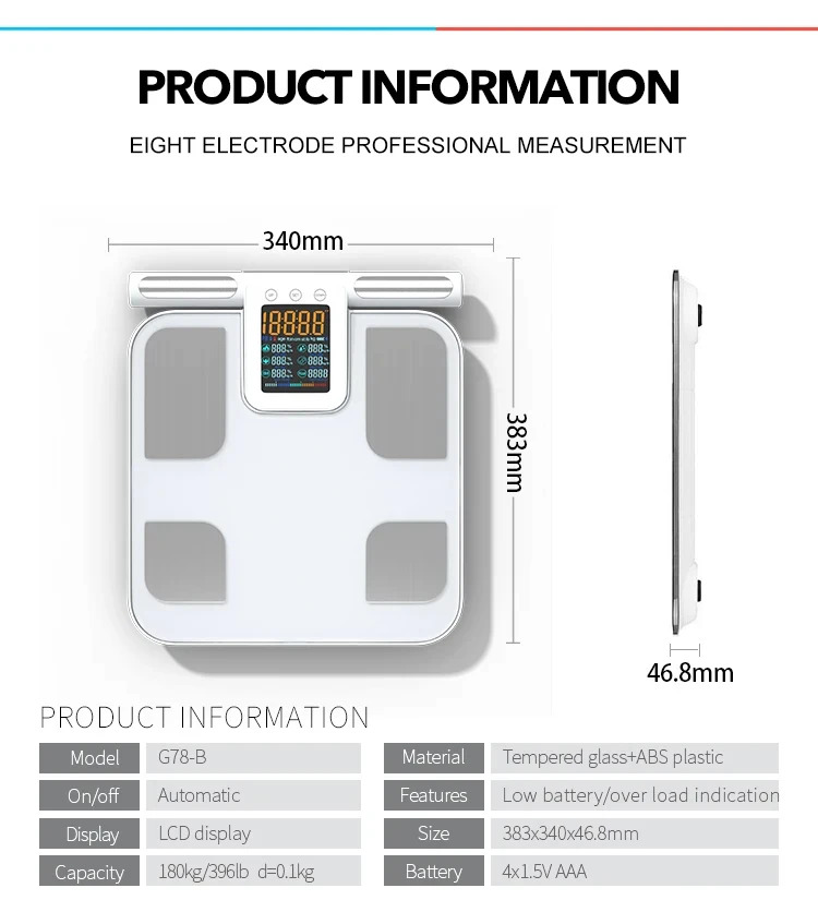 Красочный экран Интеллектуальный биоимпедансный умный цифровой 8 электродов весовые весы с ручкой