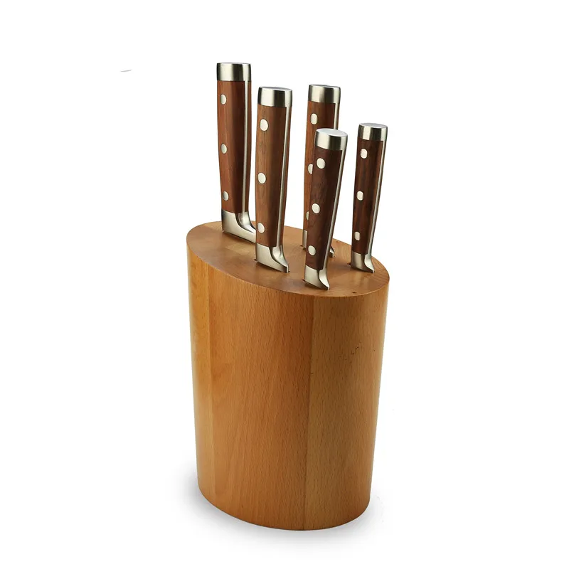 
German Steel kitchen knife set with rubber wooden block with three Riveted Rose wood Handle 