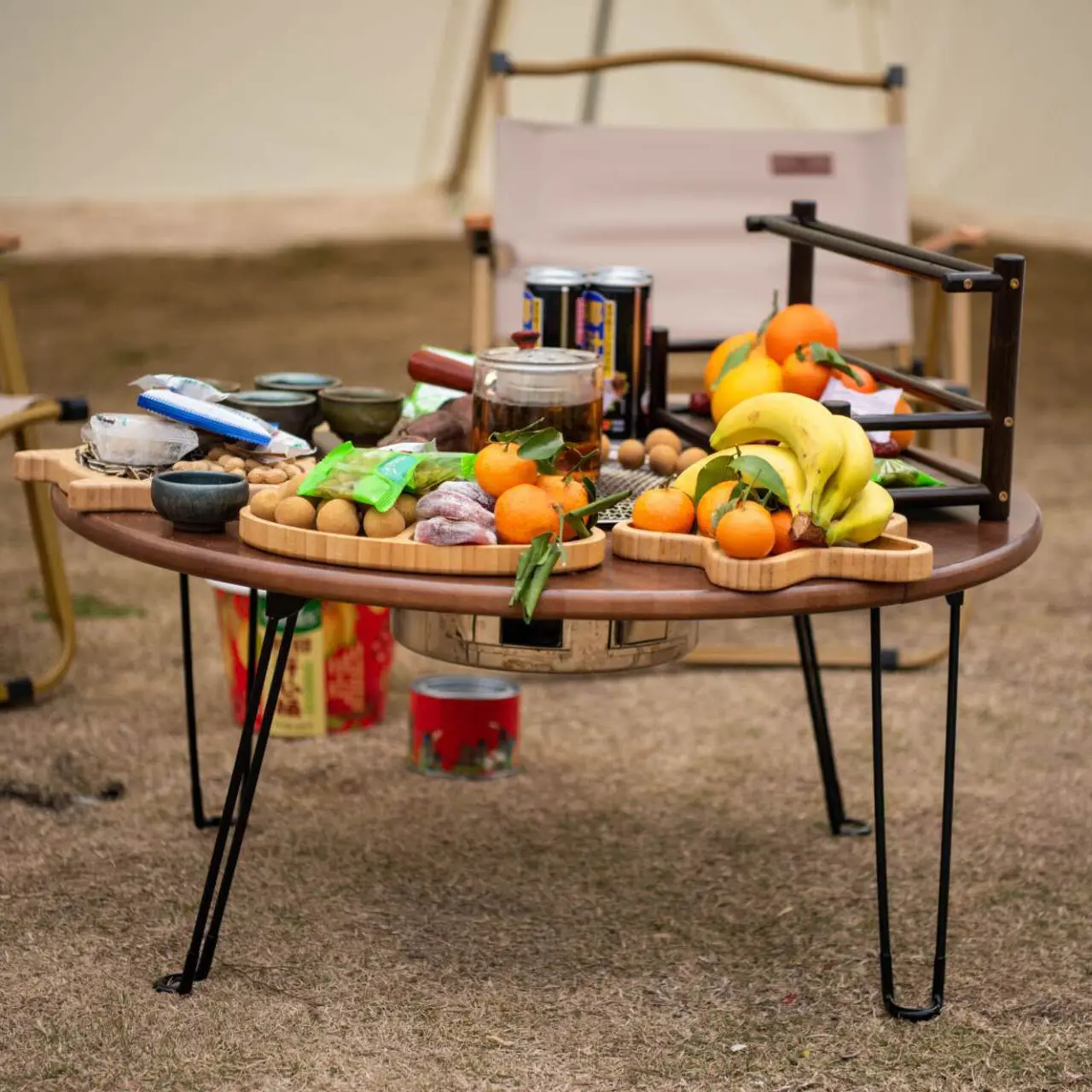 Custom Outdoor Table with Charcoal  Grille Portable Camping Hot Pot Wooden Folding Picnic Bamboo BBQ Table