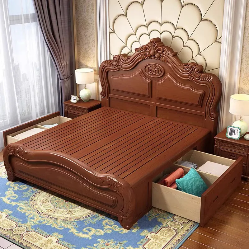 Custom Classical European-style bed solid wooden double king size bed master bedroom home furniture set