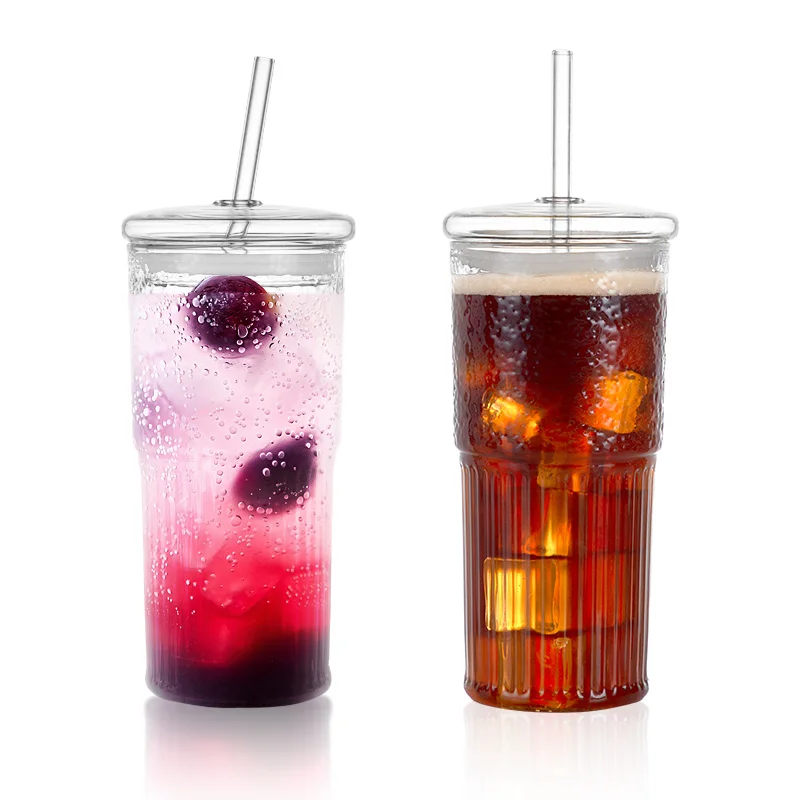 20 OZ High Borosilicate Glass Tumbler Iced Coffee Water Smoothie Bar Glassware Mug Clear Glass Cups With Lids and Glass Straws