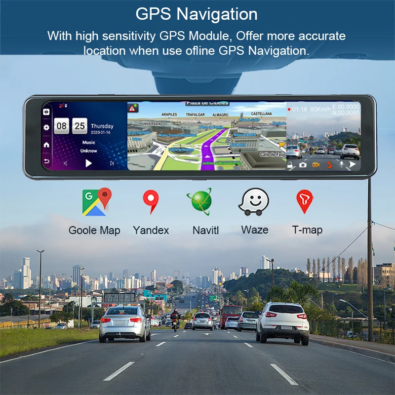 12 inch stream rearview mirror dash cam 4G network gps navigation adas front and rear dual camera driving recorder car black box
