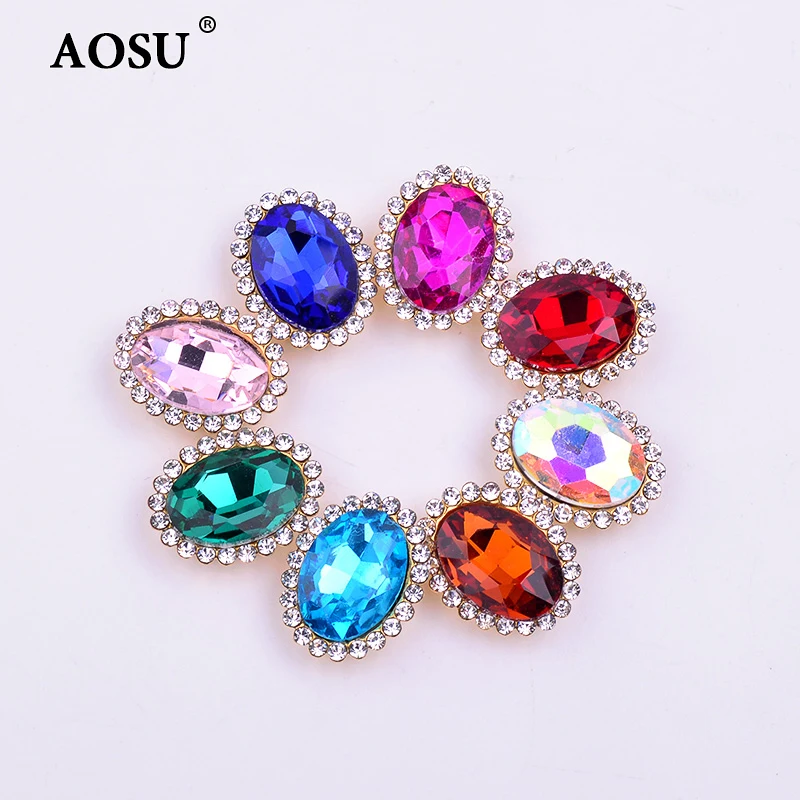 AOSU 10*14mm Mix Color Sewing Glass Rhinestone Applique Flatback Oval Crystal Stones Gold Claw Diamond Strass For Clothes