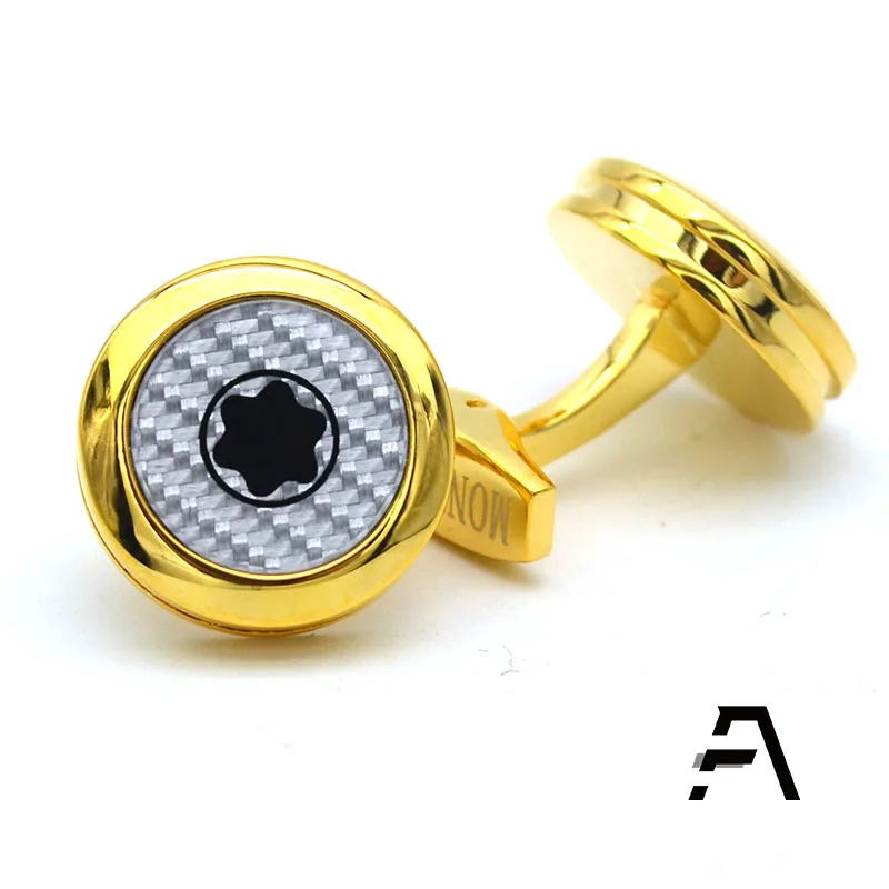 Round Designer Exploding Star Pattern Carbon Fiber Inlay Cufflinks