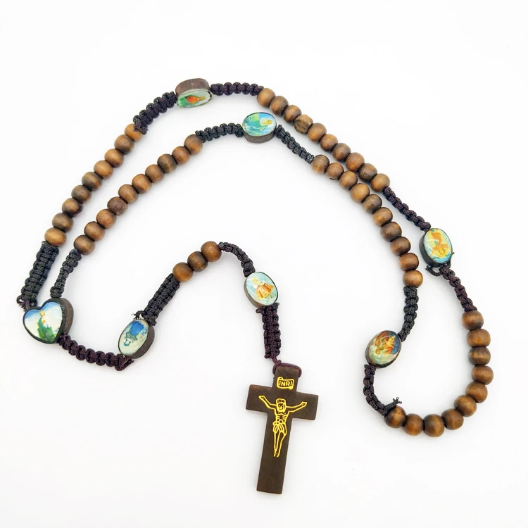 Wooden Rosary Necklace Jesus mark cross prayer Necklace