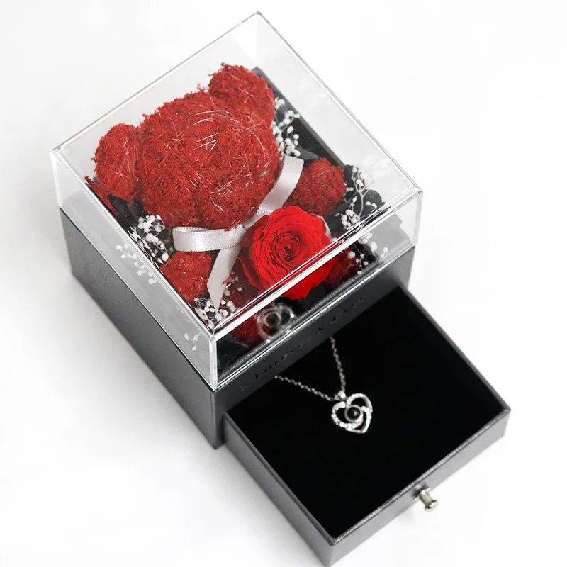 New Valentines Day Gift 2024 Rose Eternal Flower Box With Bear Luxury Cadeaux de Saint Valentin Article pour la Saint Valentin