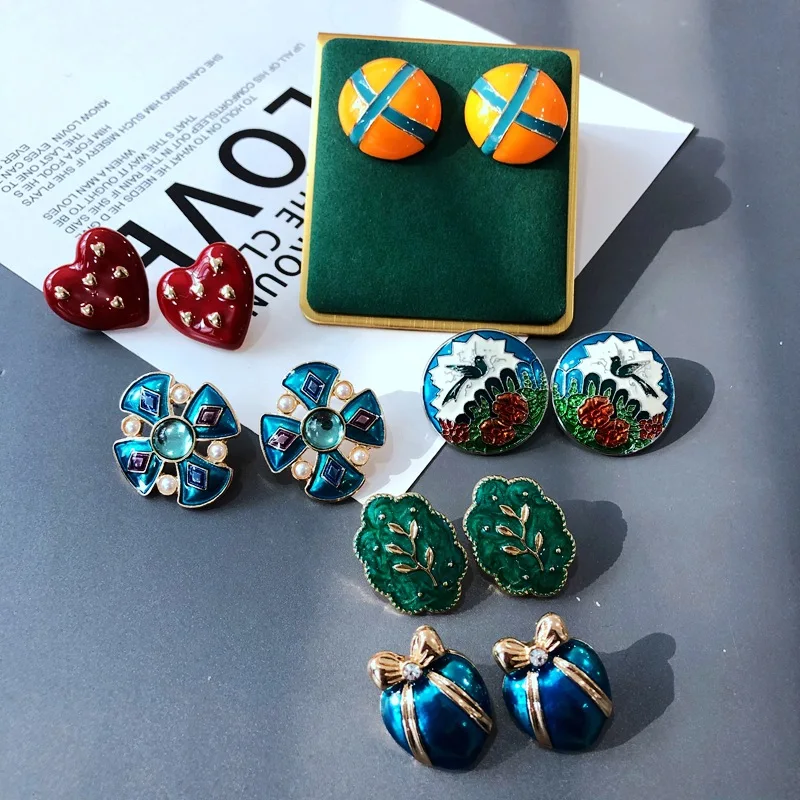 Top Quality Fashion Retro S925 Silver Post Blue Green Enamel Bird Flower Stud Earrings