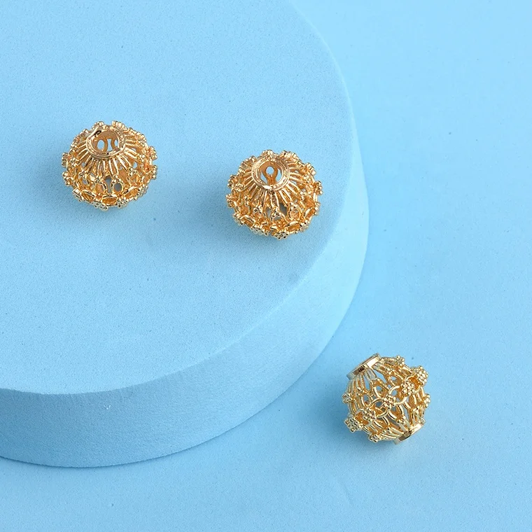Large Hole 18K Gold Plated Copper Round Lantern Hollow Loose Spacer Beads for Jewelry Making Findings DIY Crafts Accessories