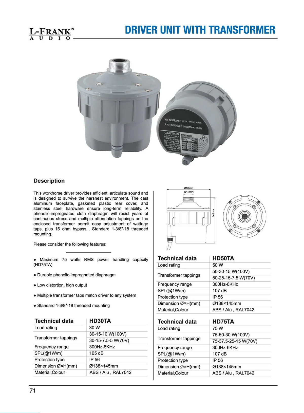 Spec HD30TA HD50TA HD75TA