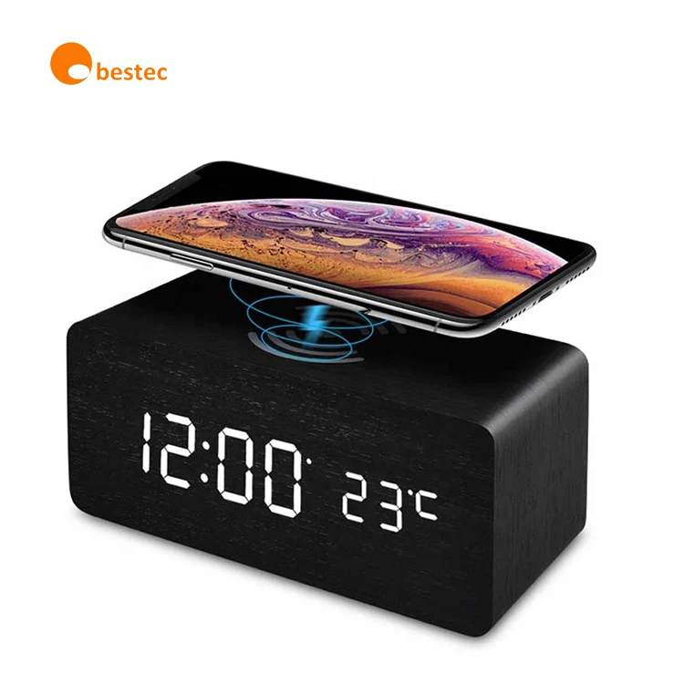Hot Sale Wooden Wireless Charger Alarm Clock Qi Wireless Charger Pad Fast Charger
