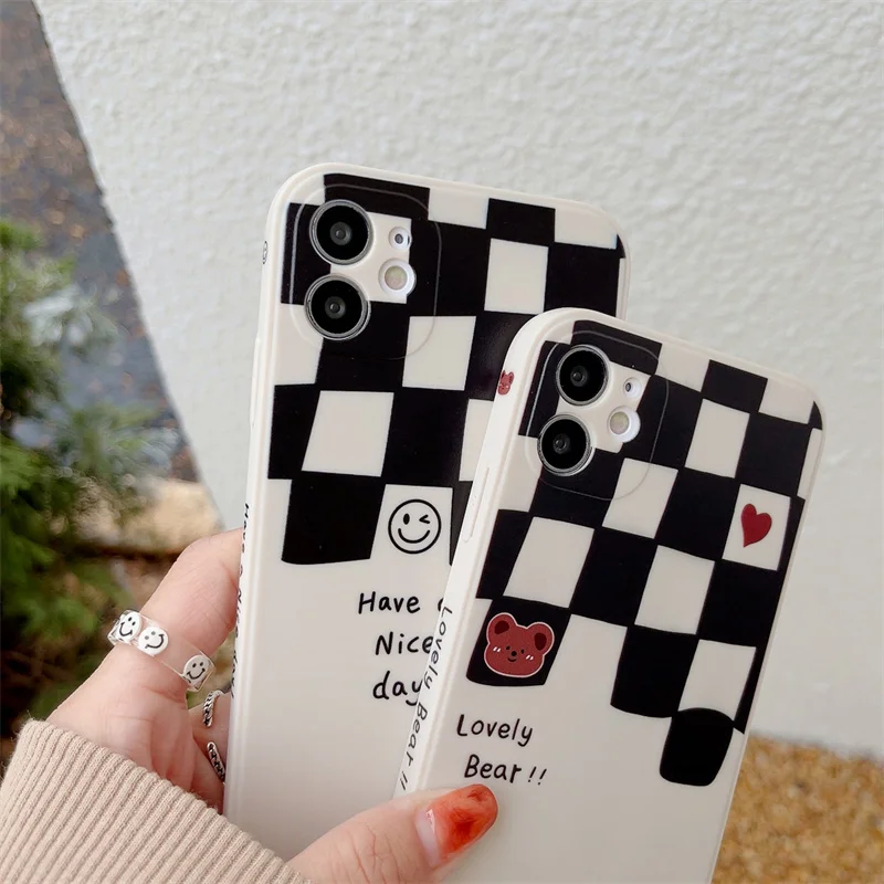 Wholesale Cartoon Lattice Bear Cute Cases For iphone 6 7 8 plus XS XR 11 12 13 MINI PRO Max Soft TPU Fully Cover Silicone Case