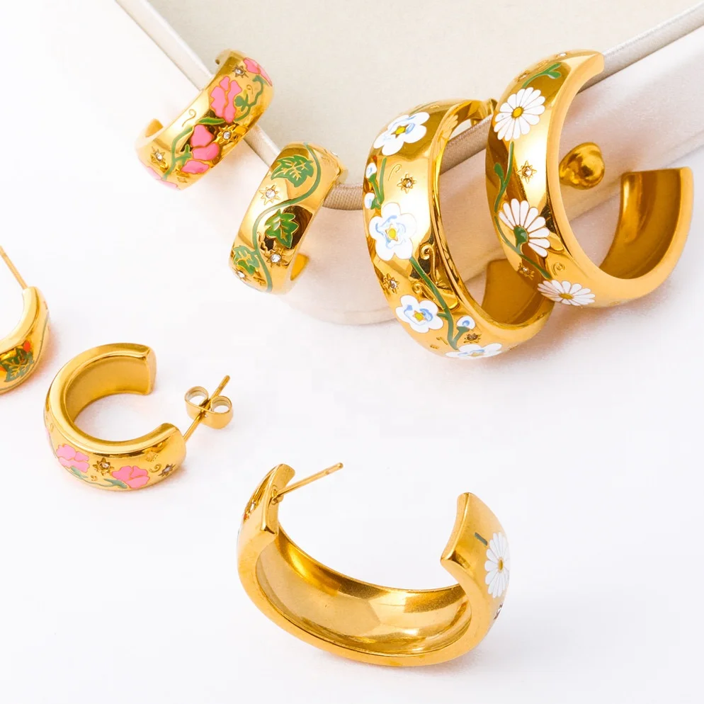 Dina Vintage Elegant Women Painting Rose Flower C-Shape Earrings Loop Personalized 18K Gold Plated Stainless Steel Jewelry