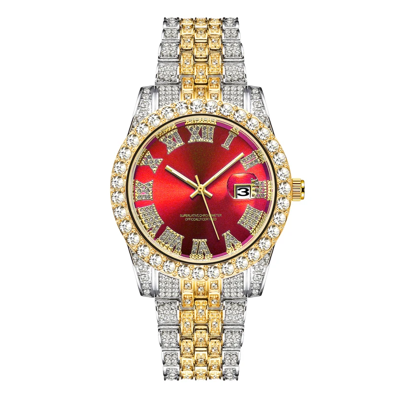 OEM Logo Hip-hop Roman Numeral Stylish Diamonds Luxury Large Dial Quartz Watch For Men