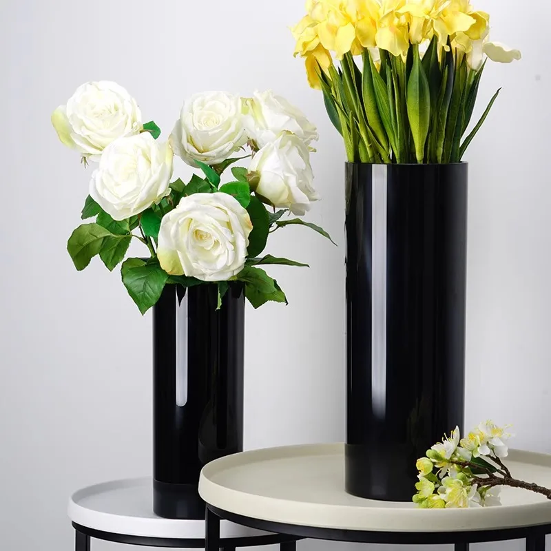 European modern simple glass black straight cylinder advanced sense vase