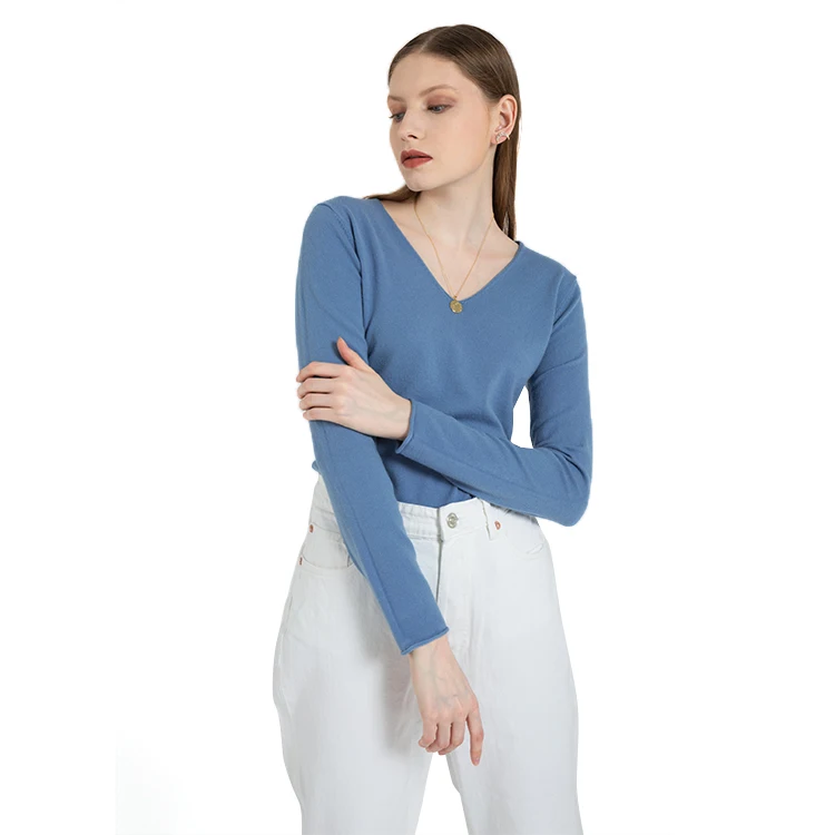 Favourable Price Delicate Top Hit Rates Product Blue V Neck Luxury Knitted Sweater For Sale