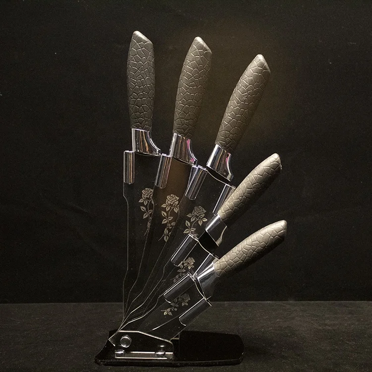 
Hot Sell Black Handle Printing 5 Knives With Ceramic Peeler Stainless Steel Kitchen Knife Set 